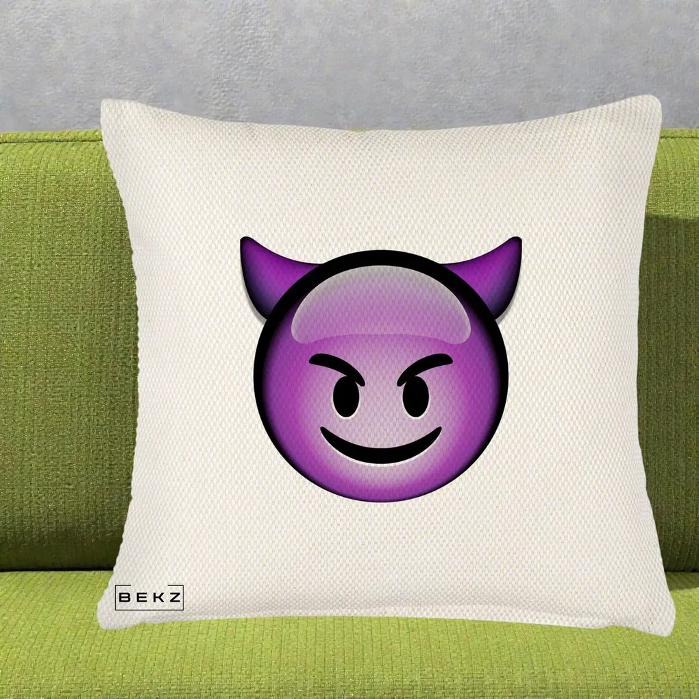 Perna Decorativa Emoji Diavol Mov, 40x40 cm, Crem Reliefat, Husa Detasabila, Perna Inclusa, BEKZ®