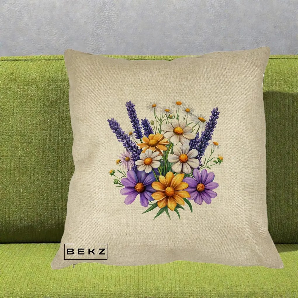 Perna Decorativa Lavanda Musetel si Flori Mov, 40x40 cm, Crem, Husa Detasabila, Perna Inclusa, BEKZ®