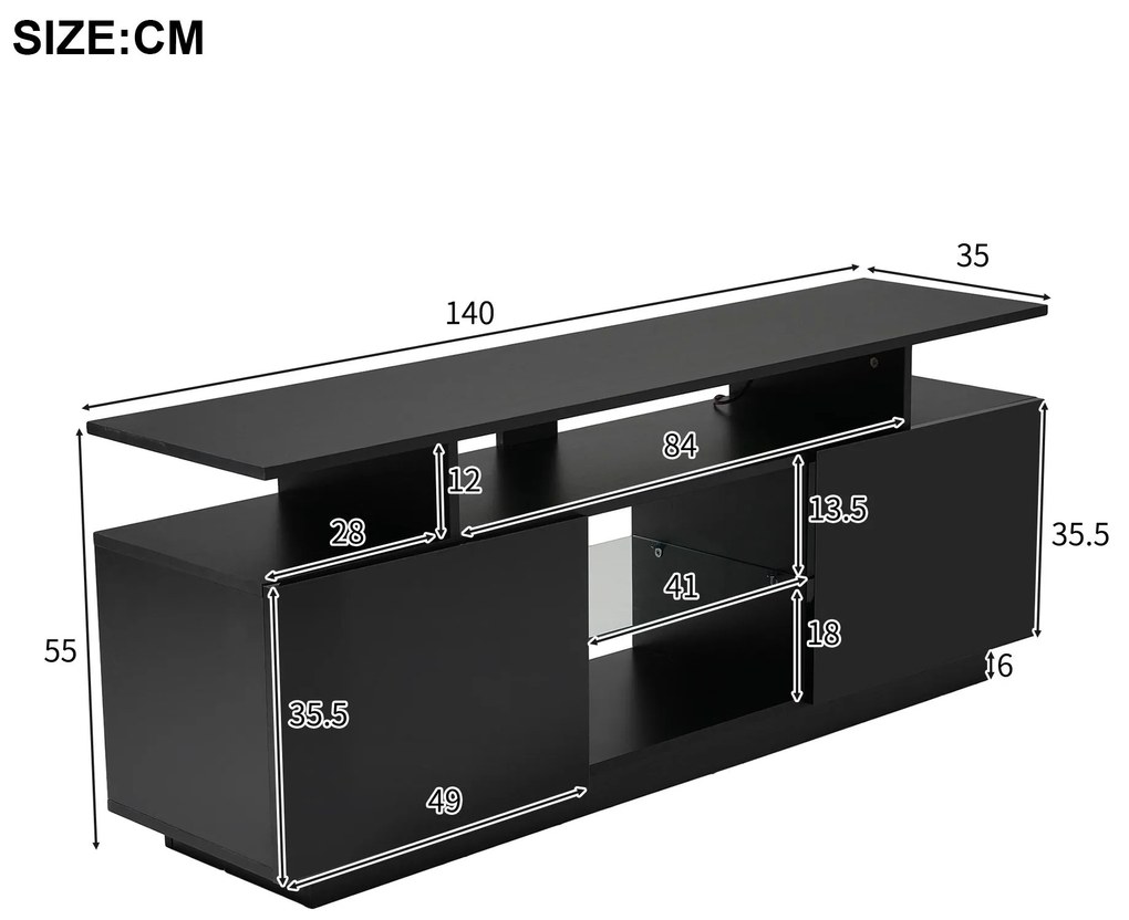 Mobilier TV modern cu iluminare LED în 16 culori, panou frontal lucios, raft din sticlă, 140×35×55 cm, Negru