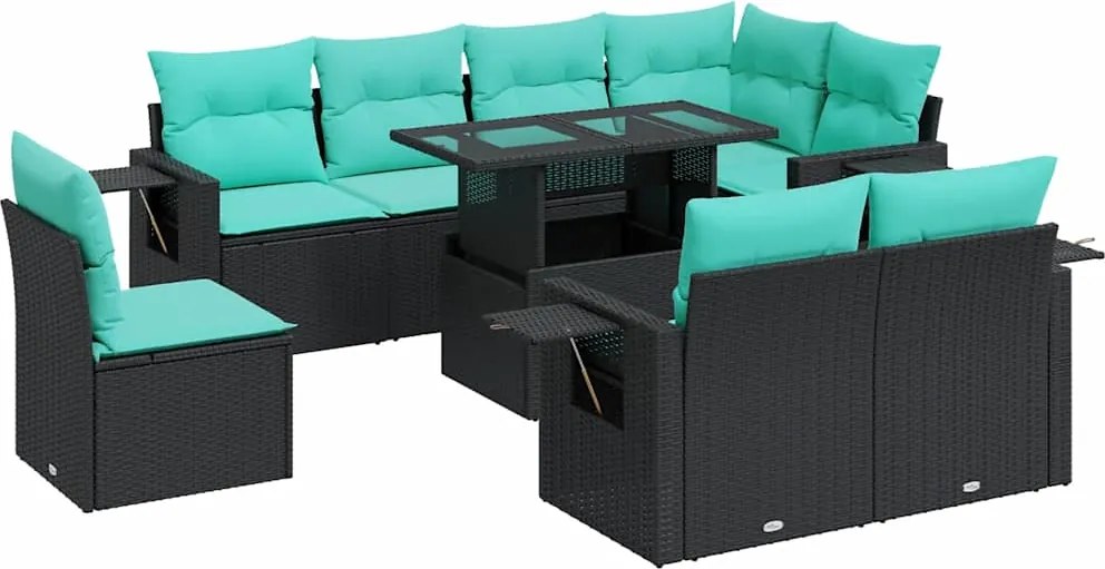 vidaXL Set mobilier grădină perne 9 piese negru poliratan/lemn acacia