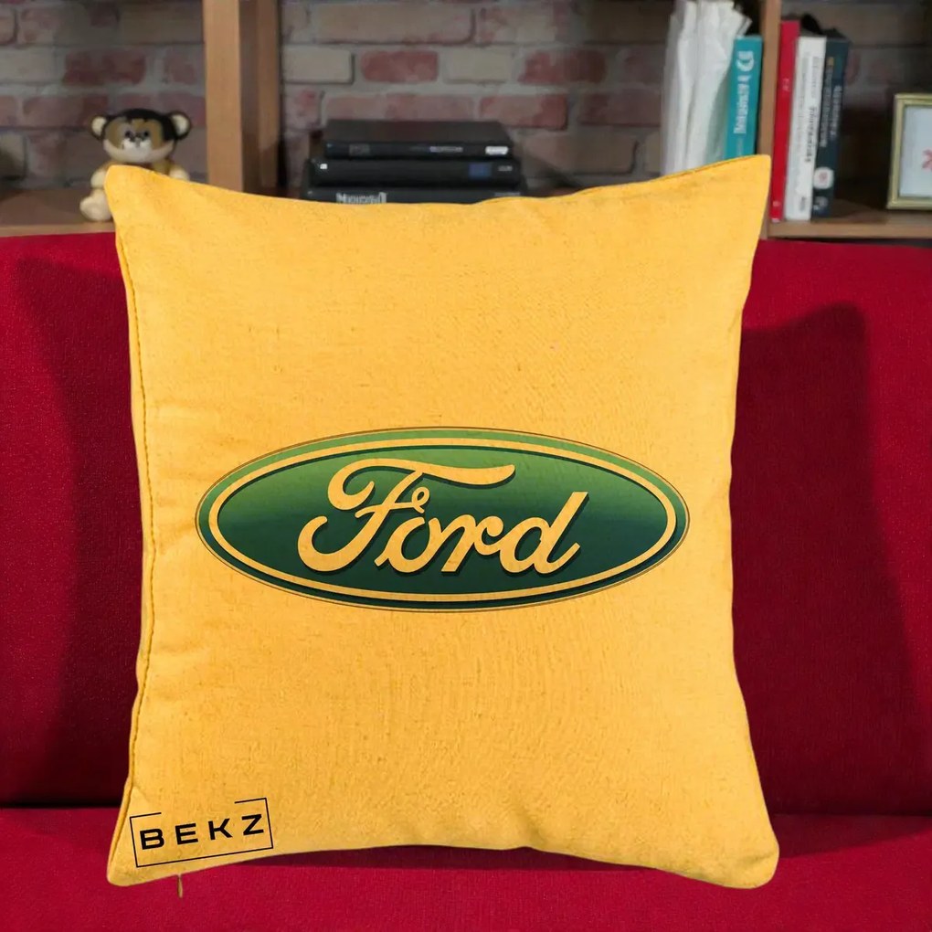 Perna Personalizata cu emblema Ford, 40x40 cm, Galben, Husa Detasabila, Perna Inclusa, BEKZ®