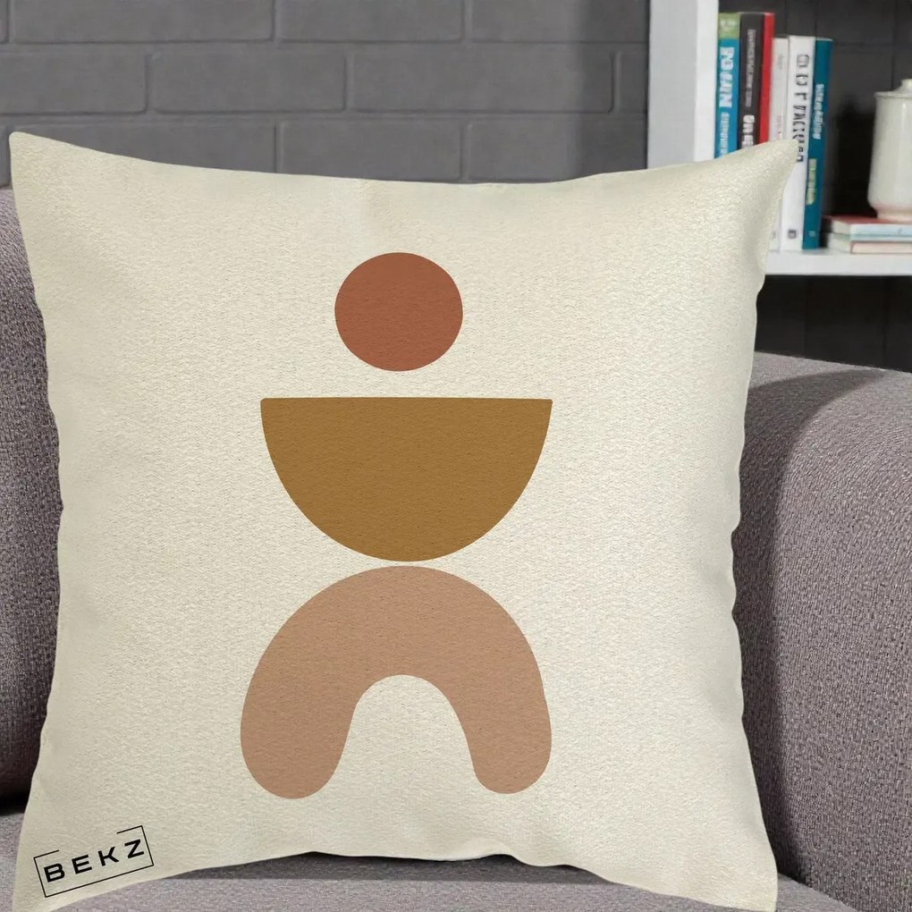 Perna Decorativa Geometric Boho Disc si Arc, 40x40 cm, Ecru, Husa Detasabila, Perna Inclusa, BEKZ®
