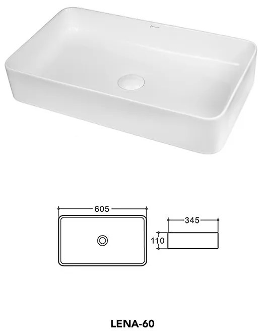 Lavoar pe blat, Fluminia, Lena 60, dreptunghiular, 60.5 x 34.5 cm, alb