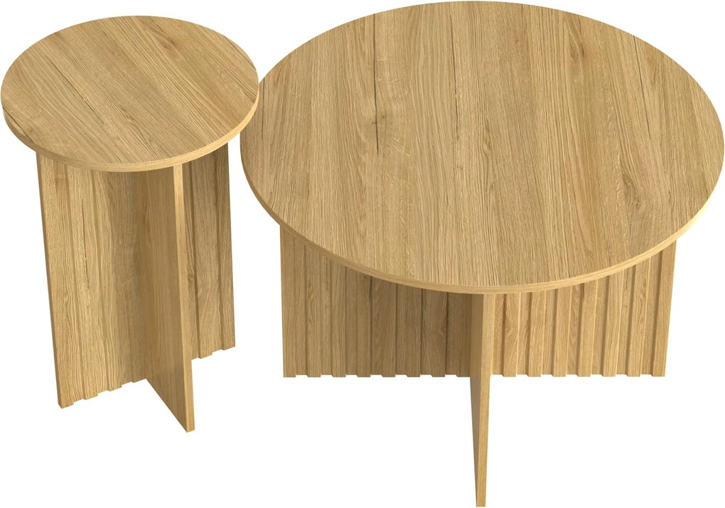 Set modern de 2 măsuțe tip cuib, cu blaturi rotunde și structură verticală pe lateral, 76x76x50 cm/40x40x56,5 cm, Culoare naturală