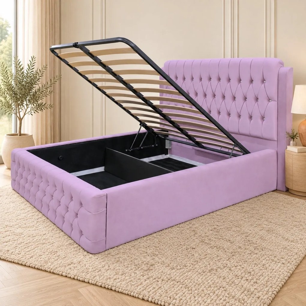 Pat tapițat Chesterfield din catifea Aveline Deluxe 140×200 cm, lila, cu ladă de depozitare