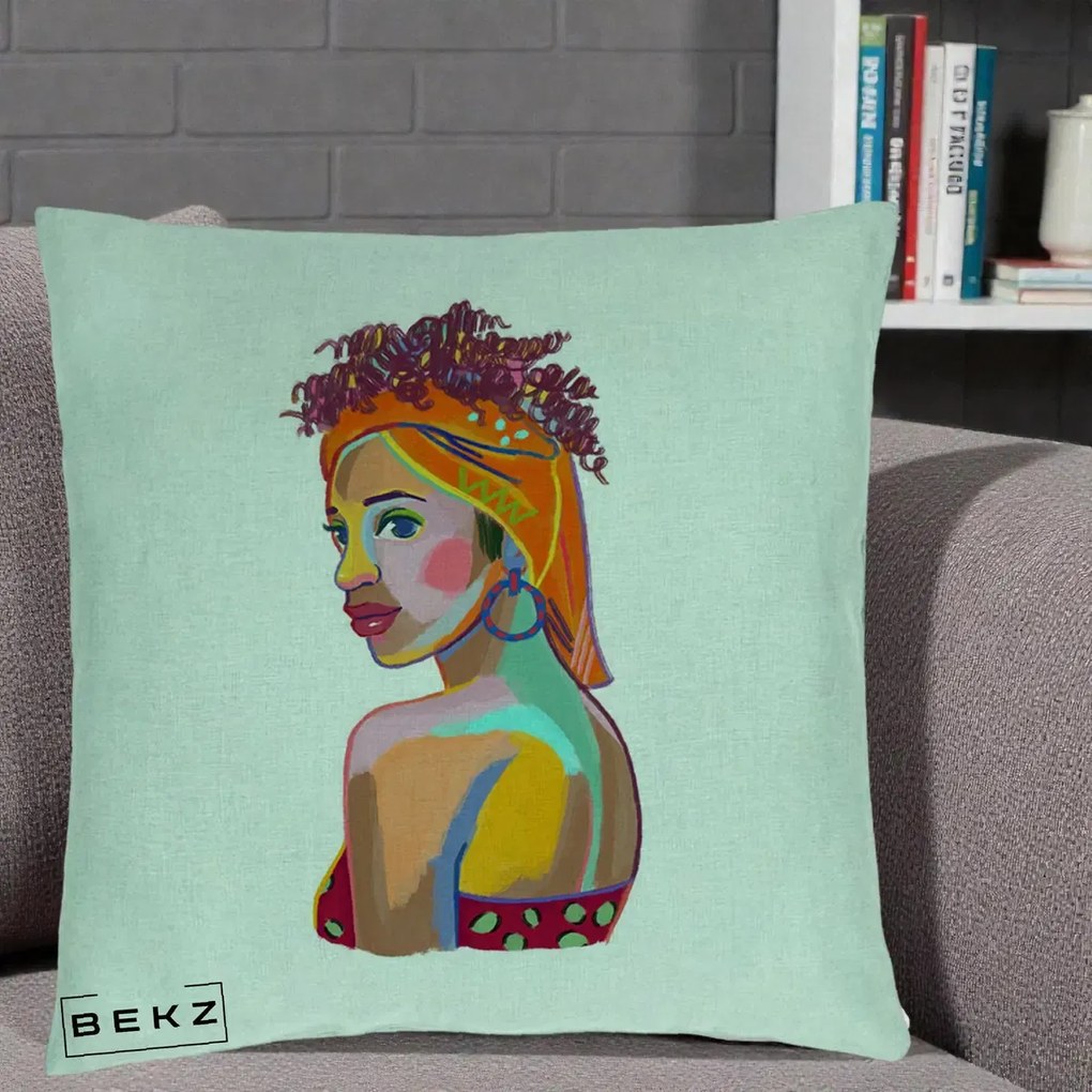 Perna decorativa Portret Femeie Colorat Pop Art, 40x40 cm cu Umplutura, Verde Menta, BEKZ
