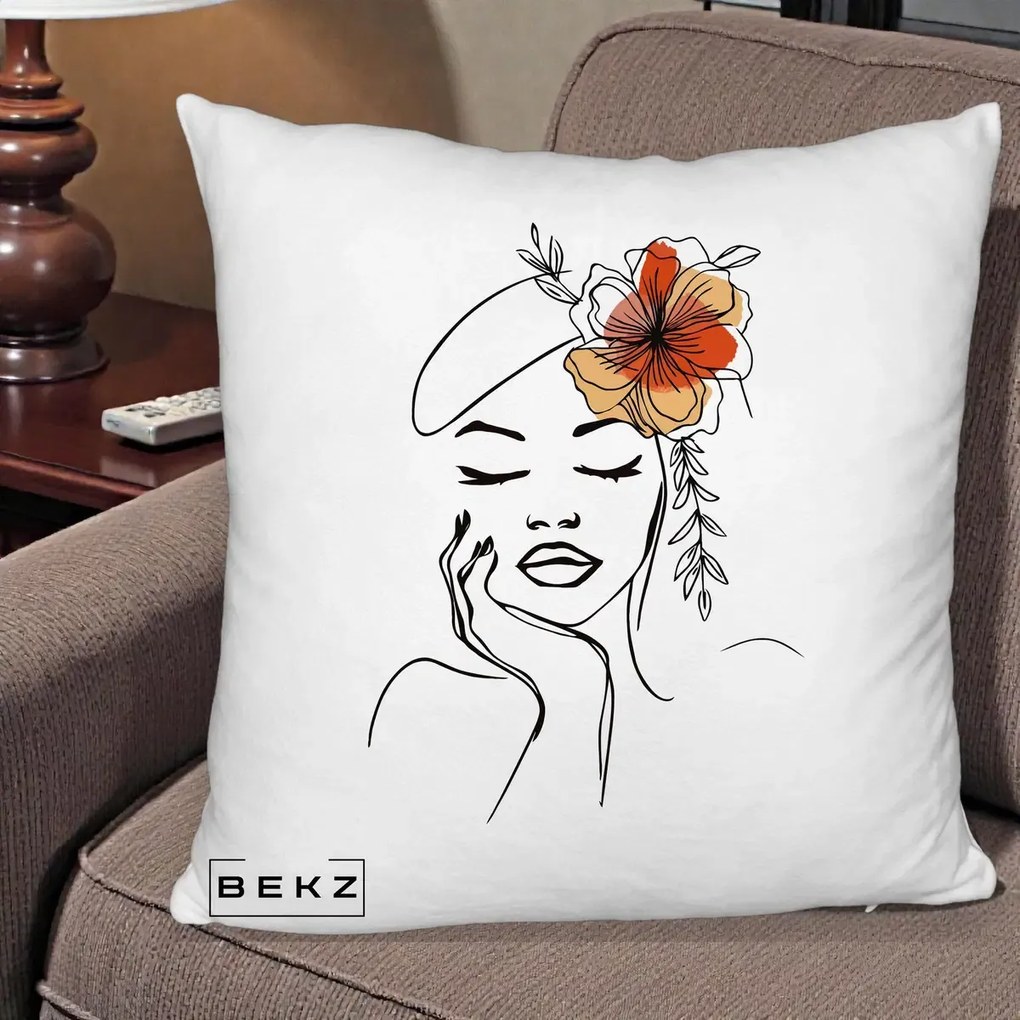 Perna Decorativa Portret Feminin Flori Palarie, 40x40 cm, Alb Pufos, Husa Detasabila, Perna Inclusa, BEKZ®
