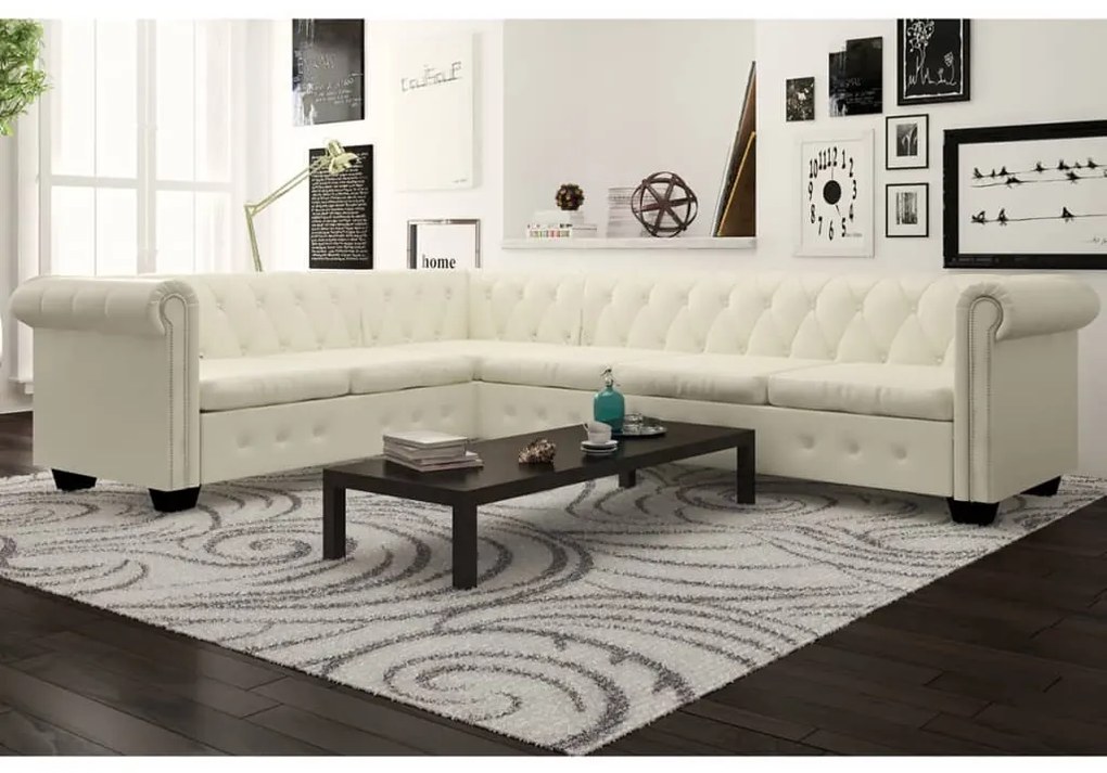 vidaXL Canapea colțar Chesterfield, piele artificială, 6 locuri, alb