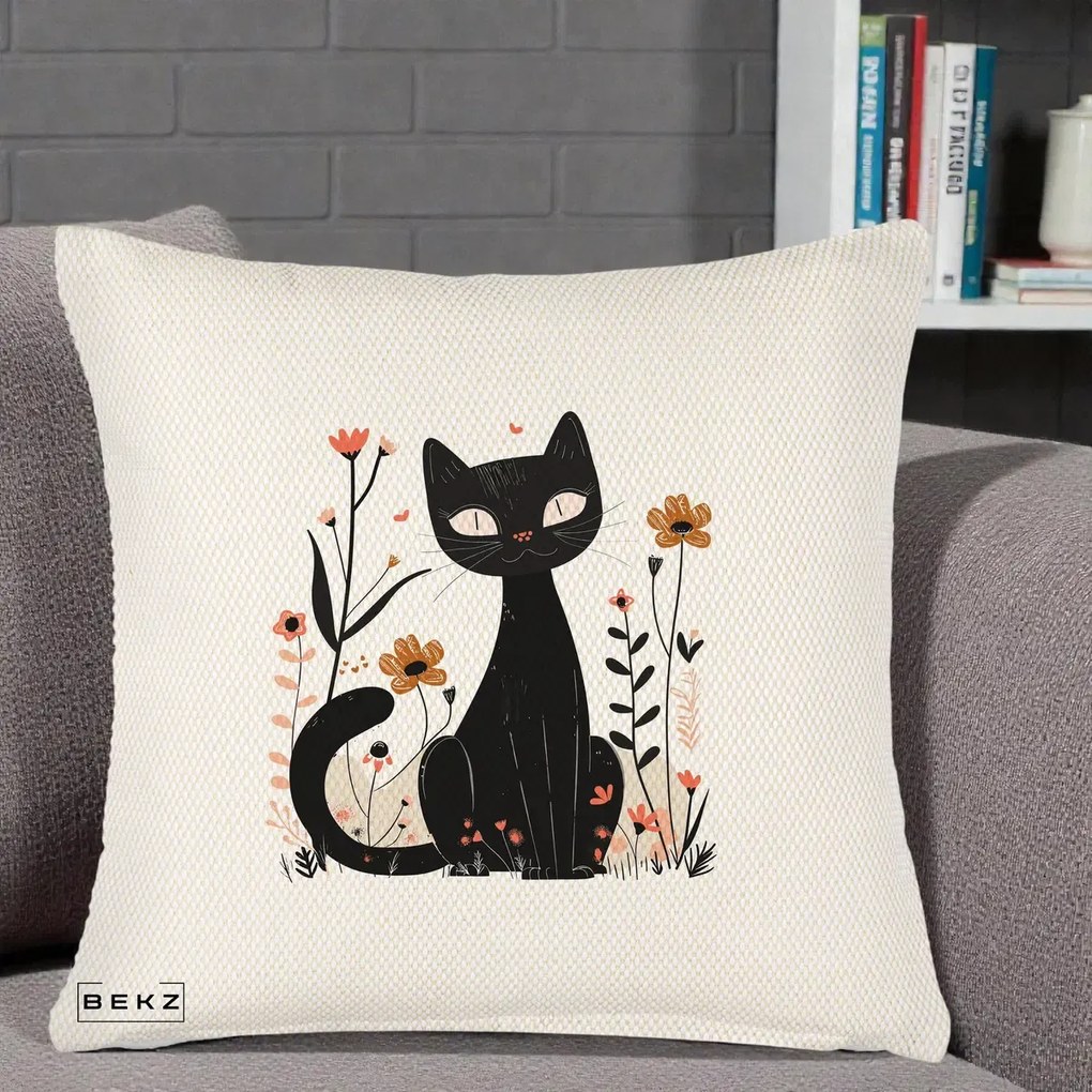 Perna Decorativa Pisica Neagra Flori Pastel Folk, 40x40 cm, Crem Reliefat, Husa Detasabila, Perna Inclusa, BEKZ®
