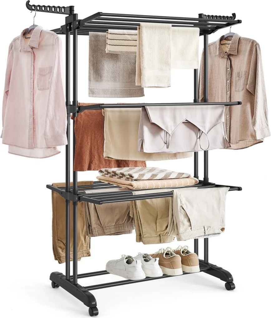 Uscator vertical de rufe pe 4 nivele, Paco, Negru, 125.5x64x169.5cm