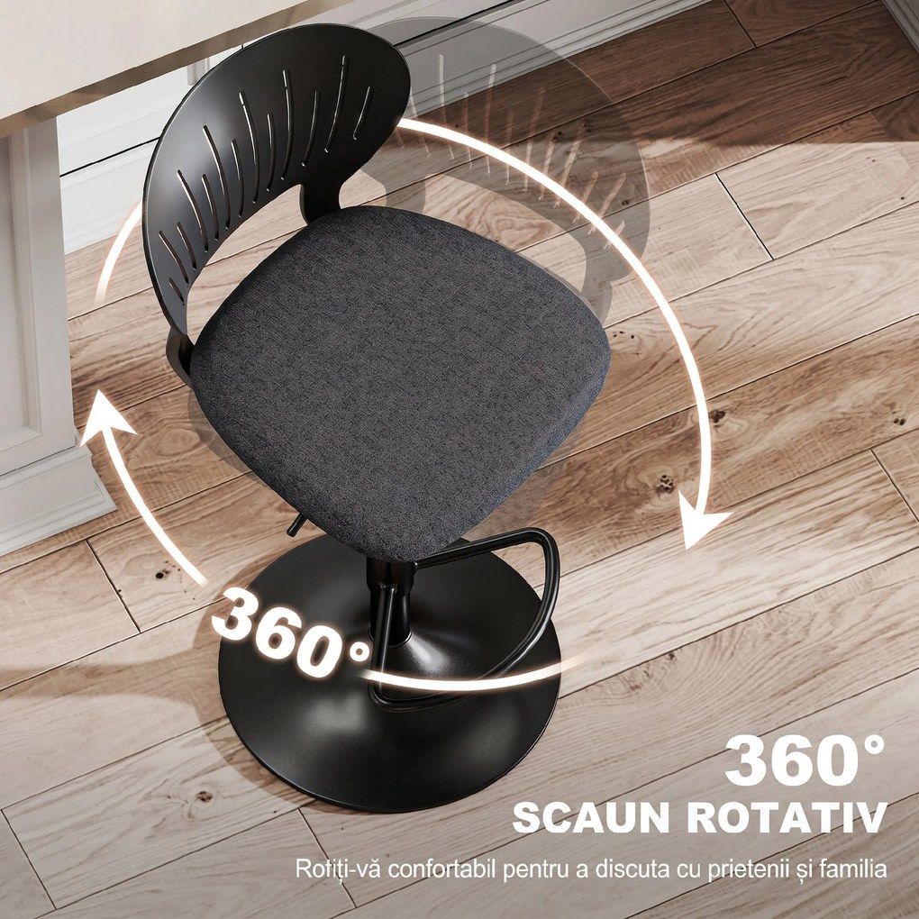 Set HOMCOM de 2 Scaune de Bar Reglabile, Scaune de Bucătărie Înalte din Țesătură Tip In cu Spătar, Suport pentru Picioare și Scaun Moale, Structură din Metal, Scaune de Bar Rotative la 360°, Negru | Aosom Romania