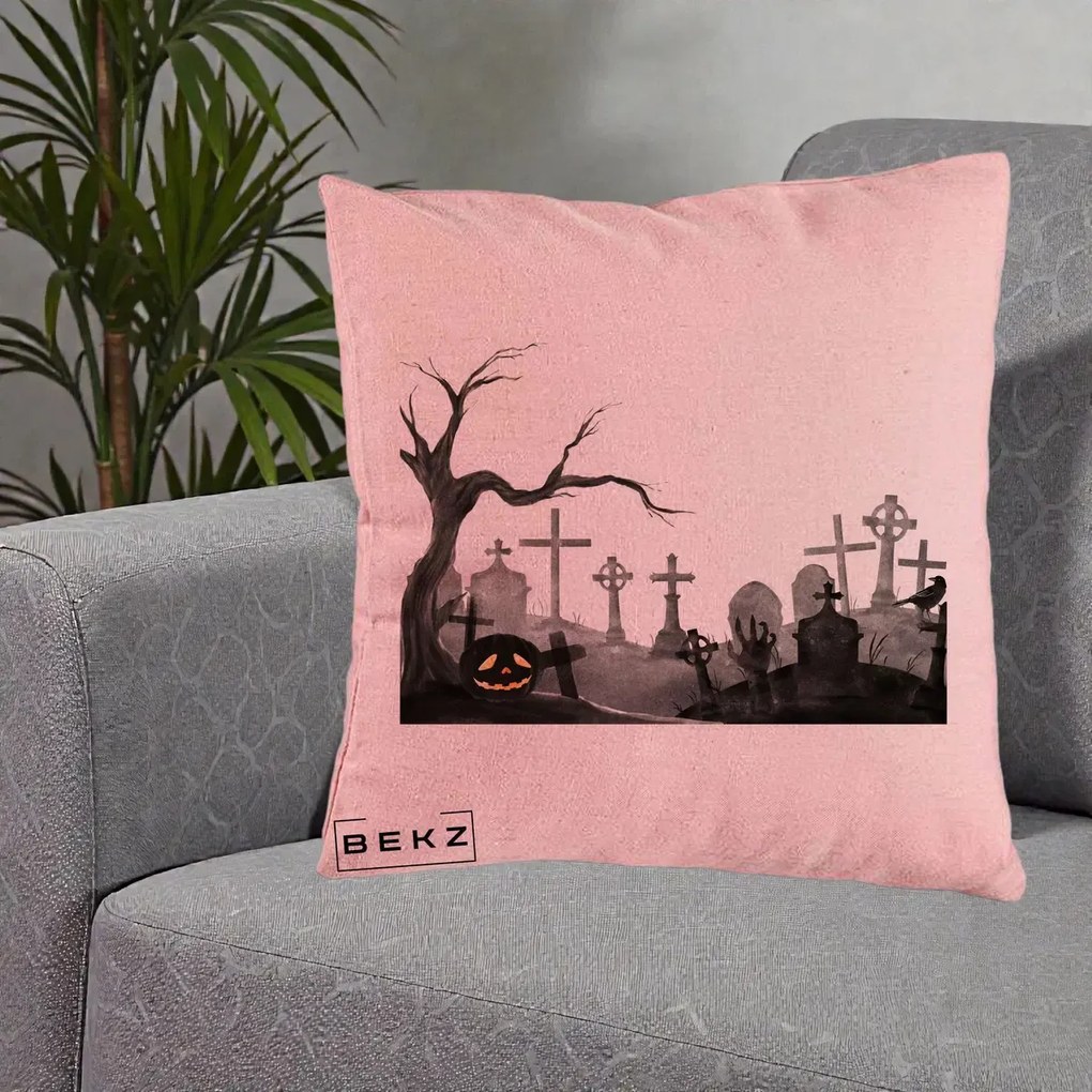 Perna Decorativa Halloween Cimitir Acuarela cu Dovleac, 40x40 cm, Roz, Husa Detasabila, Perna Inclusa, BEKZ®
