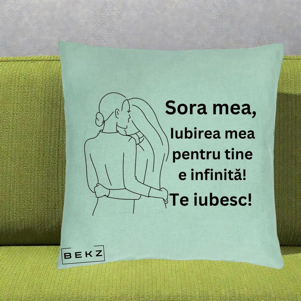 Cadou pentru Sora - Perna Personalizata Sora Mea Te Iubesc Imbratisare din Spate Line Art, 40x40 cm, Verde Menta, Husa Detasabila, Perna Inclusa, BEKZ®