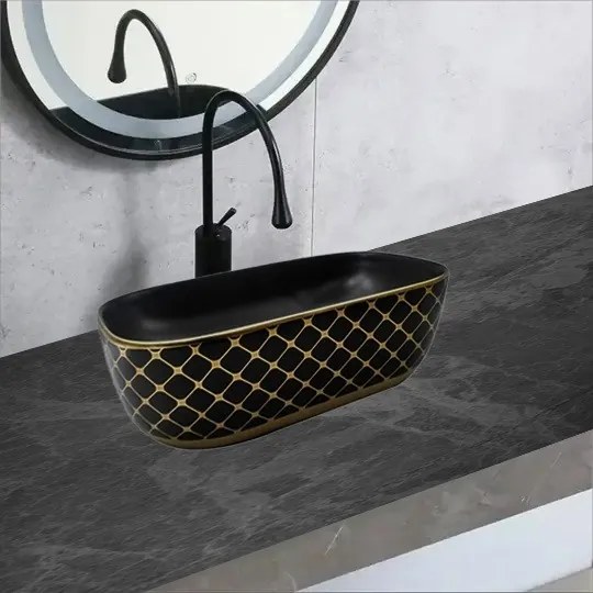 Lavoar Ceramic Premium Oval Gold–Negru 50×39.5×14.5CM – Model 737