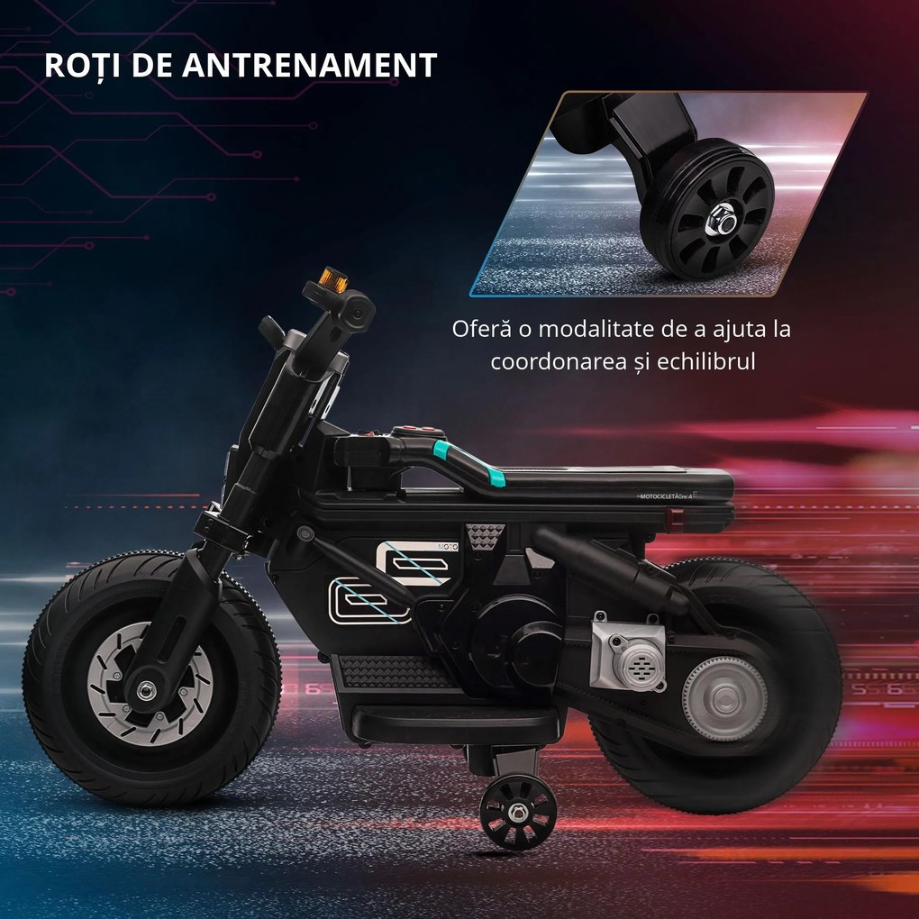 HOMCOM Motocicletă Electrică pentru Copii 3-5 Ani cu Roți de Antrenament, Baterie Reîncărcabilă, Design Sportiv, Negru | Aosom Romania