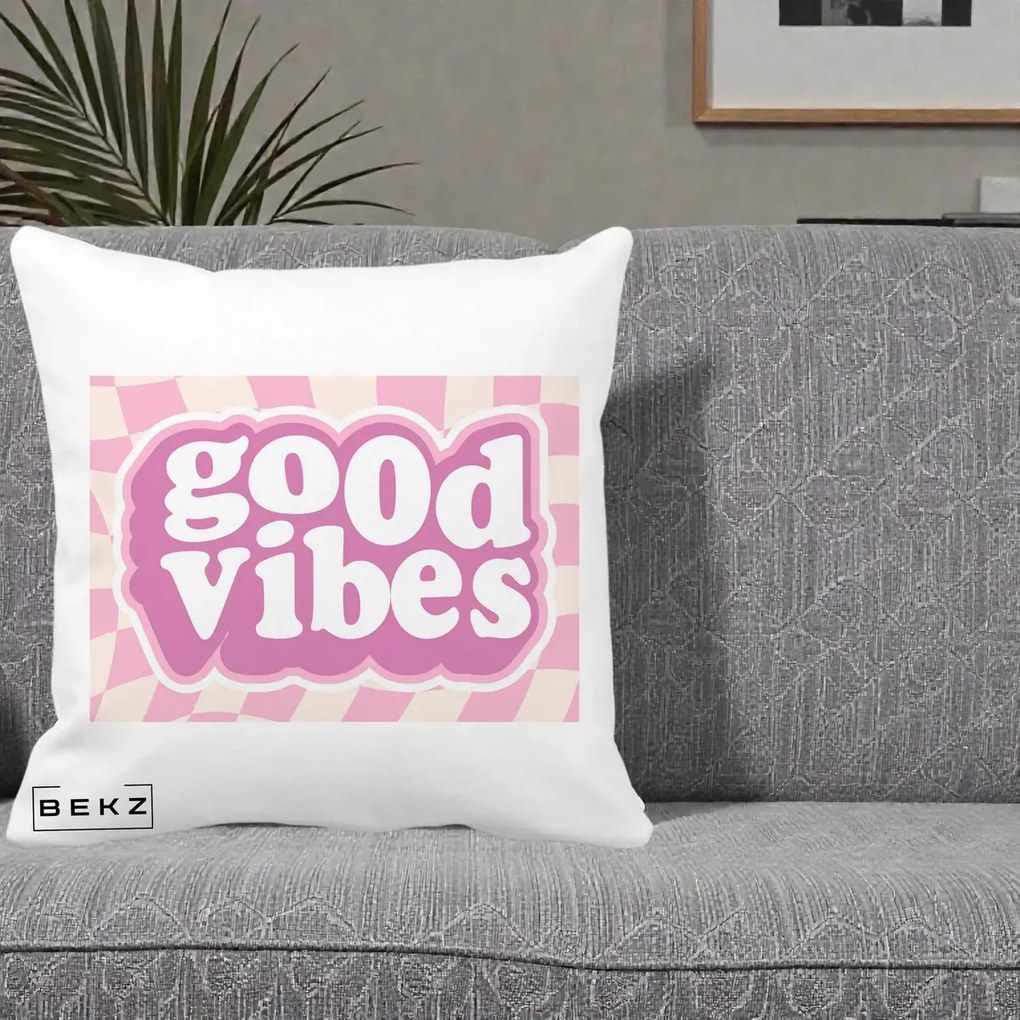 Perna Decorativa Good Vibes Retro Roz, 40x40 cm, Alba Mata, Husa Detasabila, Perna Inclusa, BEKZ®