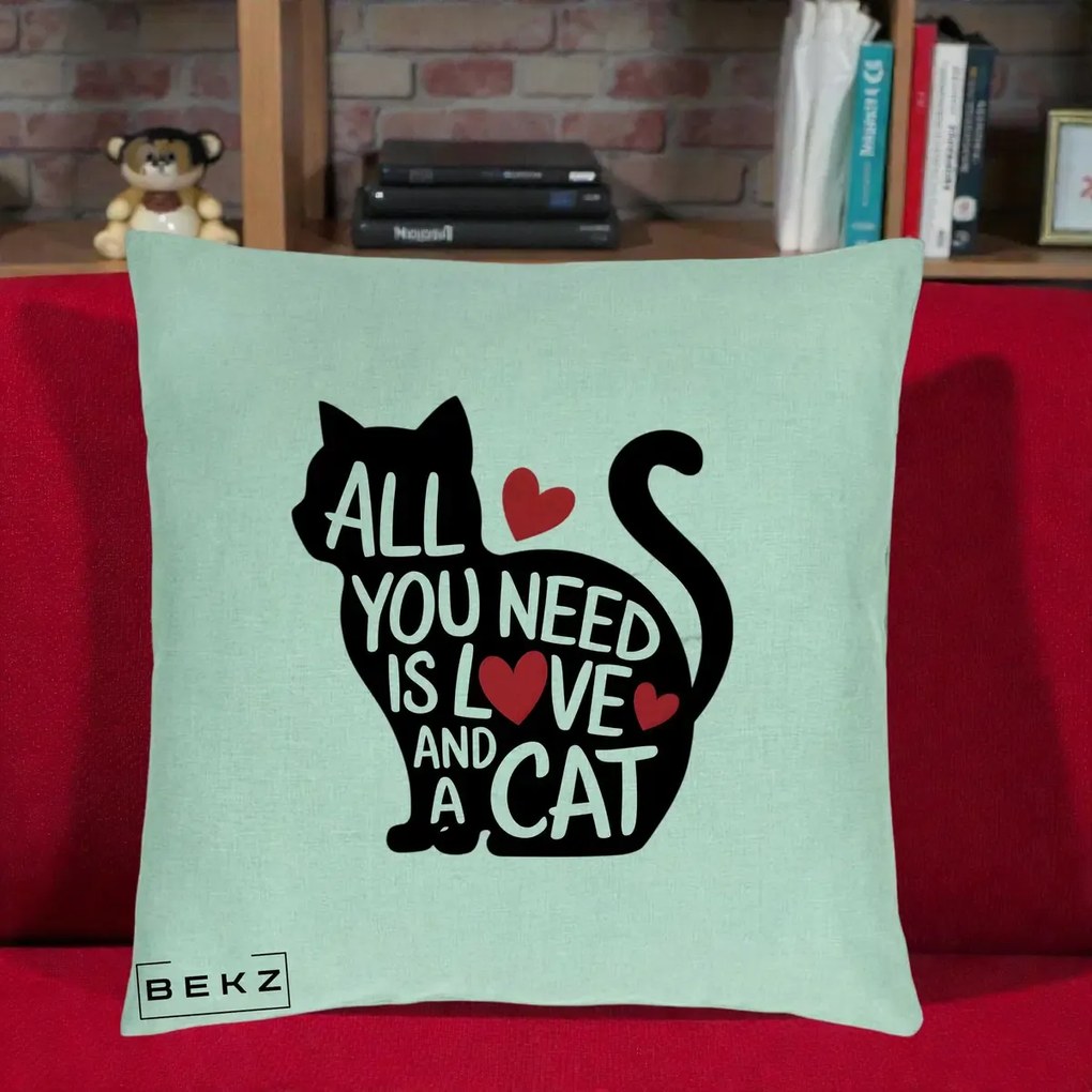 Perna Personalizata All You Need is Love and a Cat, 40x40 cm, Verde Menta, Husa Detasabila, Perna Inclusa, BEKZ®