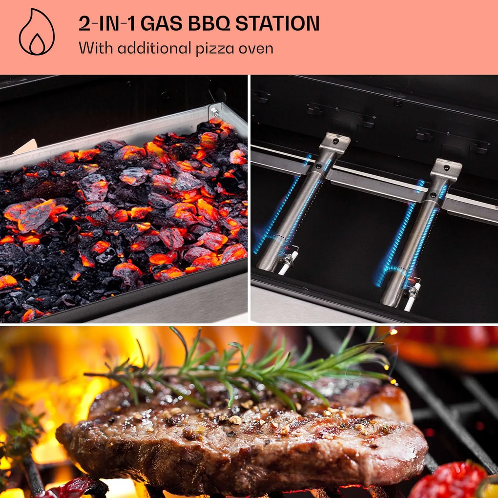 Kingsville 3.1, grătar combinat pe gaz și cărbuni, 10,9 kW, 3+1 arzătoare, înălțime reglabilă