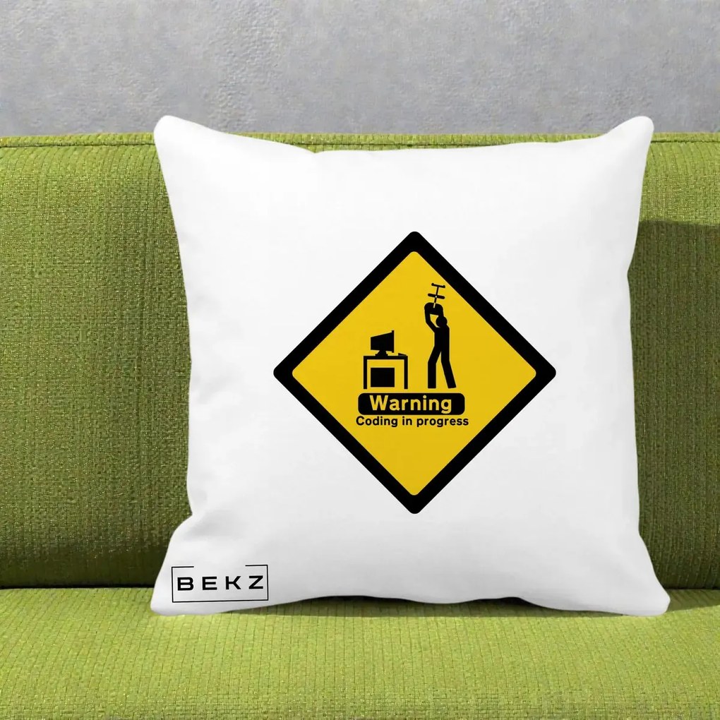 Perna Personalizata Warning Coding in Progress, 40x40 cm, Alba Mata, Husa Detasabila, Perna Inclusa, BEKZ®