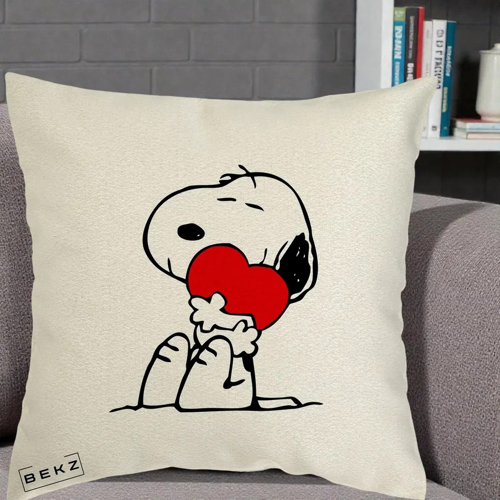 Perna Personalizata Snoopy cu Inima, 40x40 cm, Ecru, Husa Detasabila, Perna Inclusa, BEKZ®