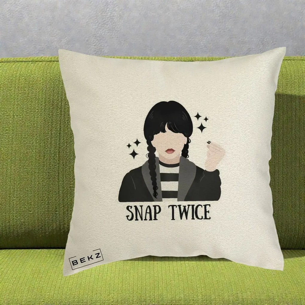 Perna Personalizata Wednesday Snap Twice, 40x40 cm, Ecru, Husa Detasabila, Perna Inclusa, BEKZ®