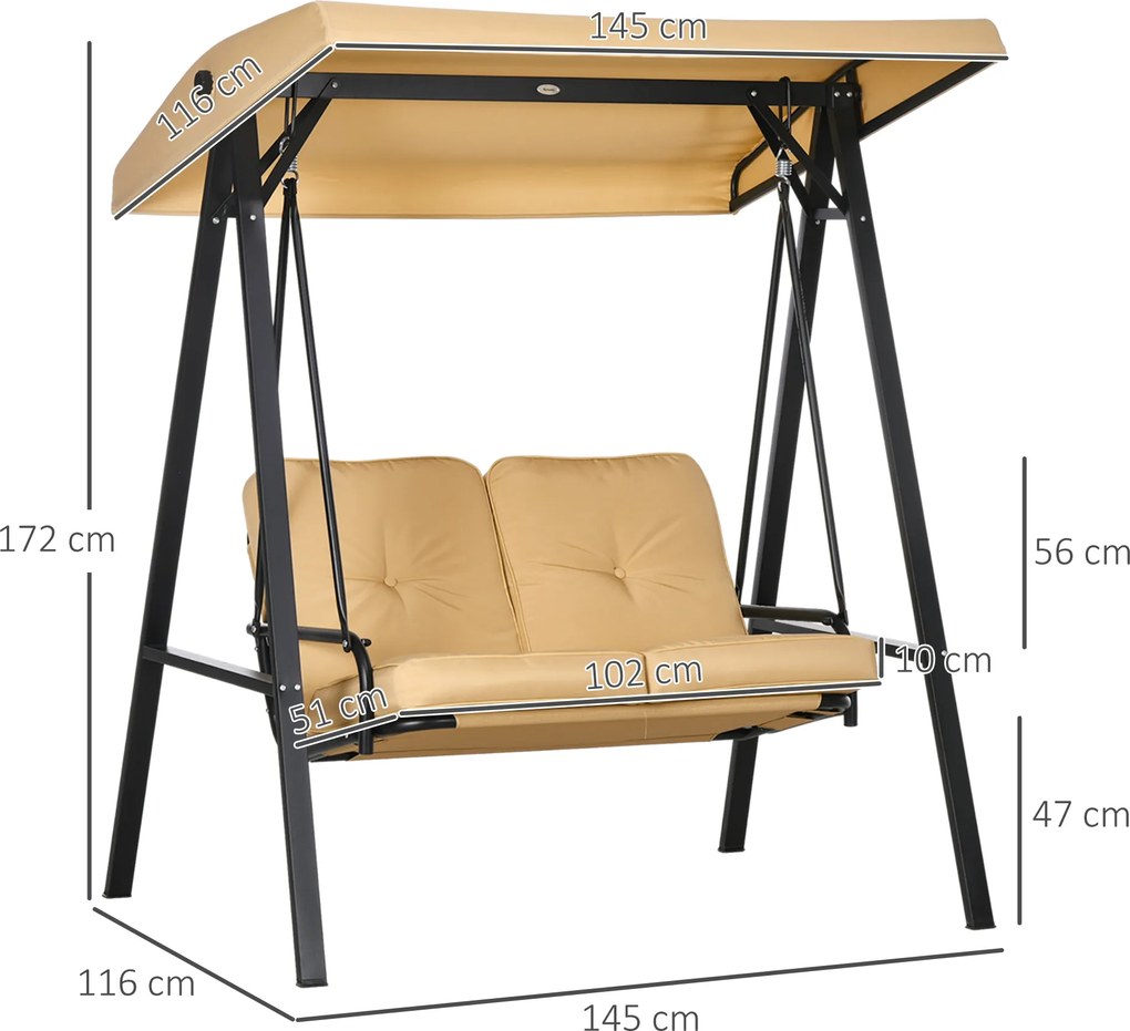 Outsunny Balansoar de Grădină pentru 2 Persoane, Hamac de Exterior cu Cadru din Oțel și Baldachin Reglabil pentru Terasă, 138x106x174 cm, Bej.