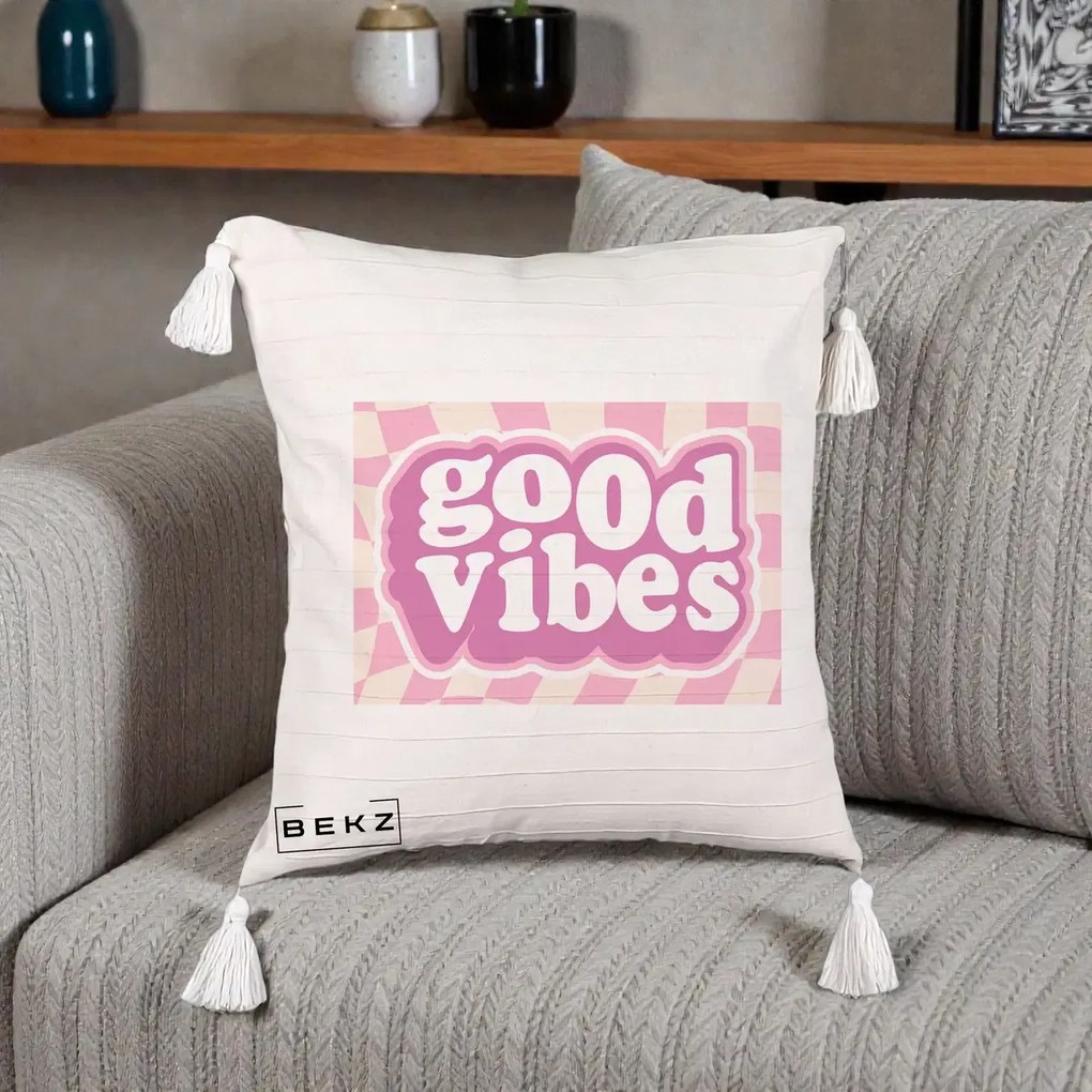 Perna Decorativa Good Vibes Retro Roz, 40x40 cm, Bej cu Franjuri, Husa Detasabila, Perna Inclusa, BEKZ®