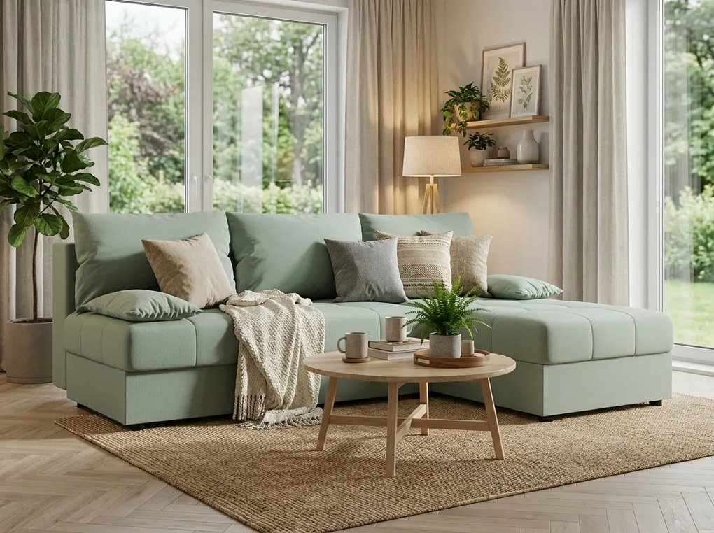 OFERTA Canapea extensibila reversibila in forma de L VENORIA SLIM 200x143 cm, verde deschis + 2 pernute GRATIS calitate II
