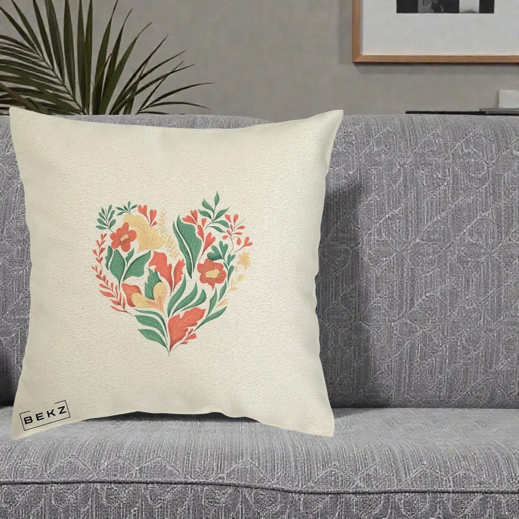 Perna Decorativa Inima Florala Botanica, 40x40 cm, Ecru, Husa Detasabila, Perna Inclusa, BEKZ®