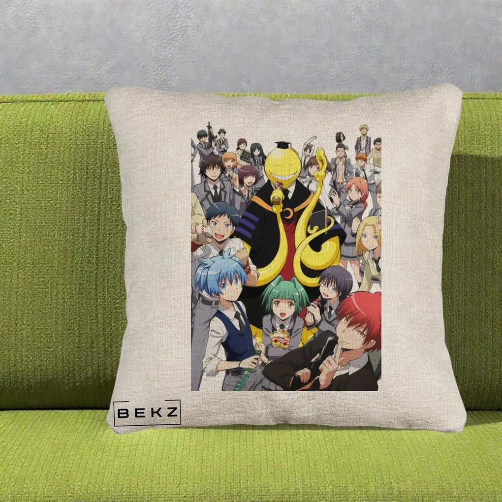 Perna Personalizata Assassination Classroom Grup Complet Anime, 40x40 cm, Bej Canapea, Husa Detasabila, Perna Inclusa, BEKZ®