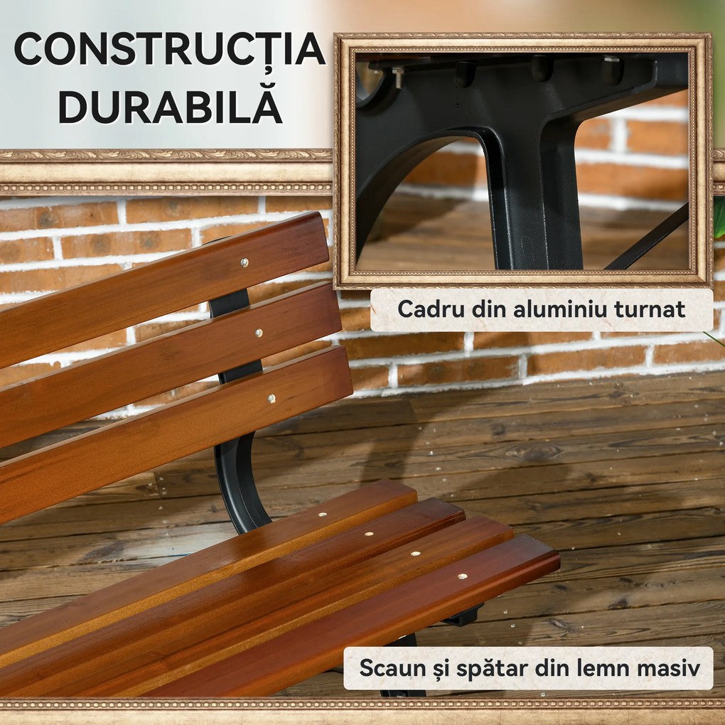 Outsunny Bancă cu 2 locuri, pentru grădină și terasă, fontă de aluminiu + lemn natural, 120 x 57 x 70 cm, Maro | Aosom Romania