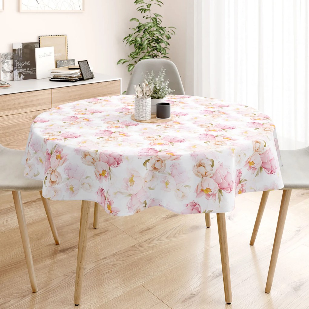 Goldea față de masă 100% bumbac deluxe - flori de bujor înfloriți - rotundă Ø 220 cm