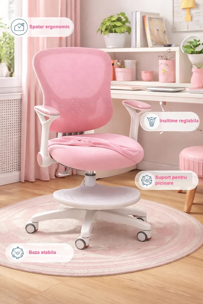 JUNOVA AERIS – Scaun ergonomic pentru copii, cu suport lombar, spătar ergonomic mesh, reglaj pe înălțime, șezut din spumă, și suport pentru picioare, Roz