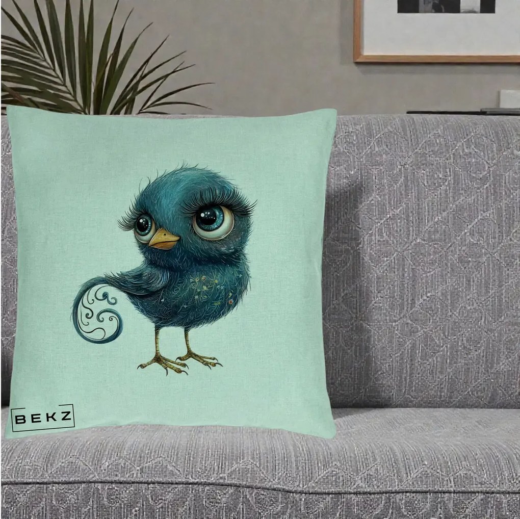 Perna Decorativa Pasare Teal cu Motive Aurii si Coada Spiralata, 40x40 cm, Verde Menta, Husa Detasabila, Perna Inclusa, BEKZ®