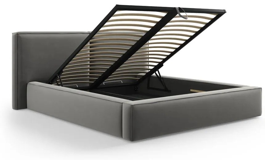 Pat matrimonial gri tapițat din catifea cu spațiu de depozitare cu somieră 200x200 cm Arendal – Cosmopolitan Design