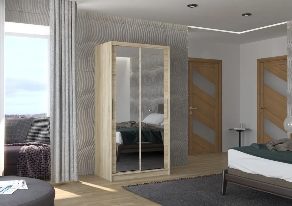 Dulap cu usi glisante si oglinda 100x200 cm, Nevio, ADRK Furniture (Culoare: Negru / Artisan)