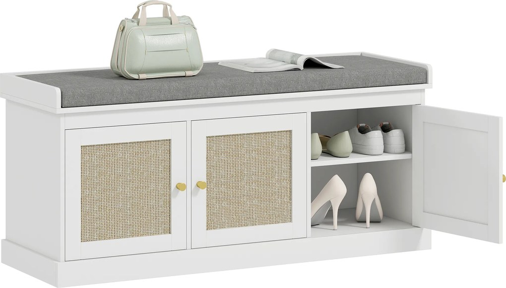 HOMCOM Banc pentru încălțăminte intrare 9 perechi, banc de depozitare, 3 uși din ratan, pernă și raft reglabil, 105x35x47cm, alb | Aosom Romania