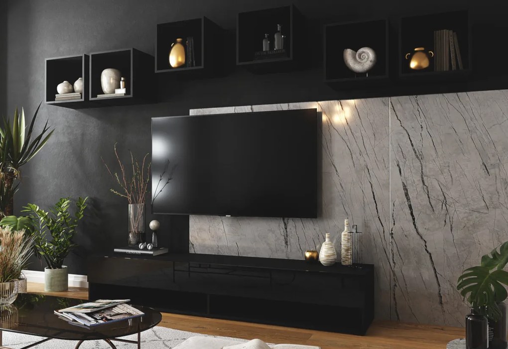 Expedo Set mobilier ELPASO 27 + LED iluminat, negru/negru luciu