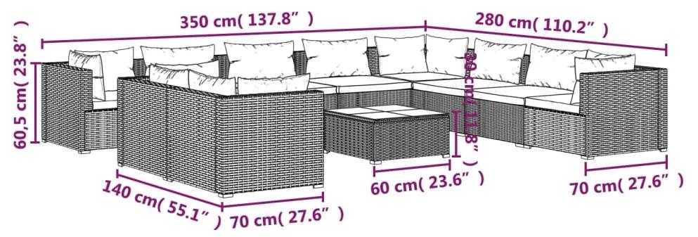 Set mobilier de gradina cu perne, 11 piese, maro, poliratan maro si rosu scortisoara, 5x colt + 5x mijloc + masa, 1