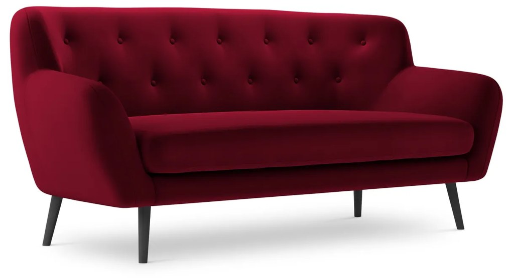 Canapea 3 locuri Mica cu tesatura din catifea, picioare din lemn negru, rosu