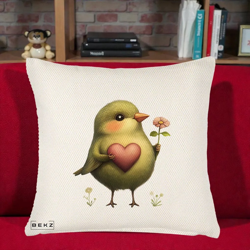 Perna Decorativa Pasare Verde cu Inima si Floare, 40x40 cm, Crem Reliefat, Husa Detasabila, Perna Inclusa, BEKZ®