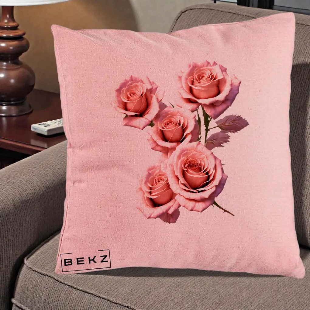 Perna Decorativa Trandafiri Roz Pastel Acuarela, 40x40 cm, Roz, Husa Detasabila, Perna Inclusa, BEKZ®