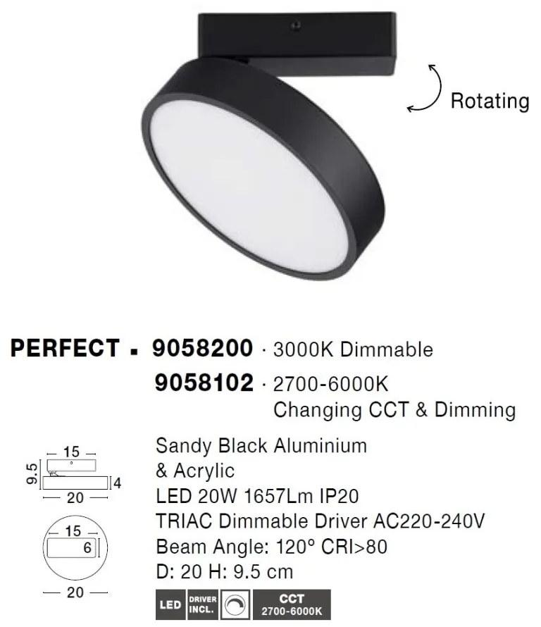 Spot LED aplicat tavan directionabil PERFECT negru 3000K Dimmable