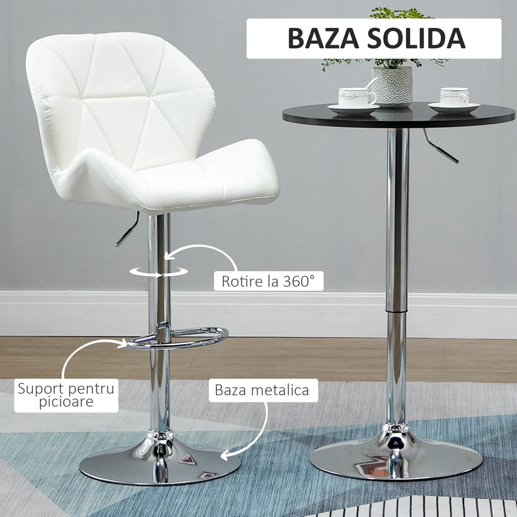 HOMCOM Scaun Bar Reglabil Pivotante si Antiderapant, Scaun bar Modern,Sarcina Maxima 120 kg,Elegante și Confortabile,Albe | Aosom Romania