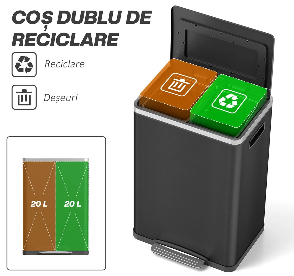 HOMCOM Coș de Gunoi cu 2 Secțiuni de 20L cu Pedală și Capac cu Închidere Moale, din Oțel Inoxidabil și PP, 40x34.8x59 cm, Negru | Aosom Romania