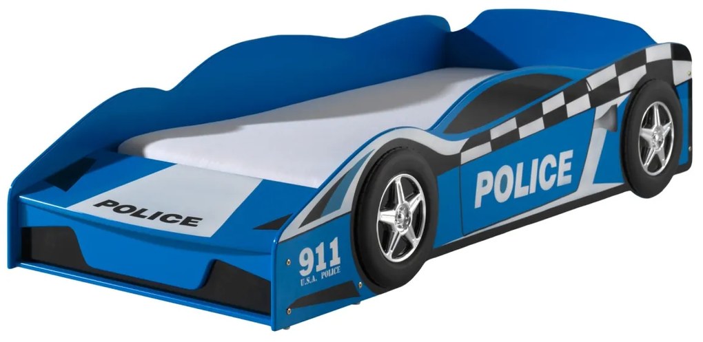 Pat Mașină de Poliție pentru Copii, 70x140 cm, Albastru (MDF) – Vipack