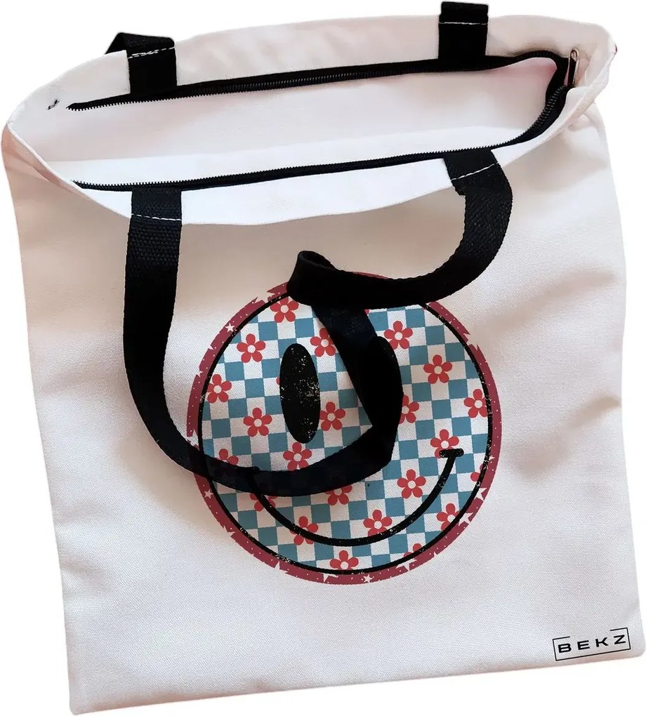 Sacosa de Panza pentru Cumparaturi, Geanta Tote, model Pattern, Cu fermoar, 38x34.5 cm, Alba, BEKZ®