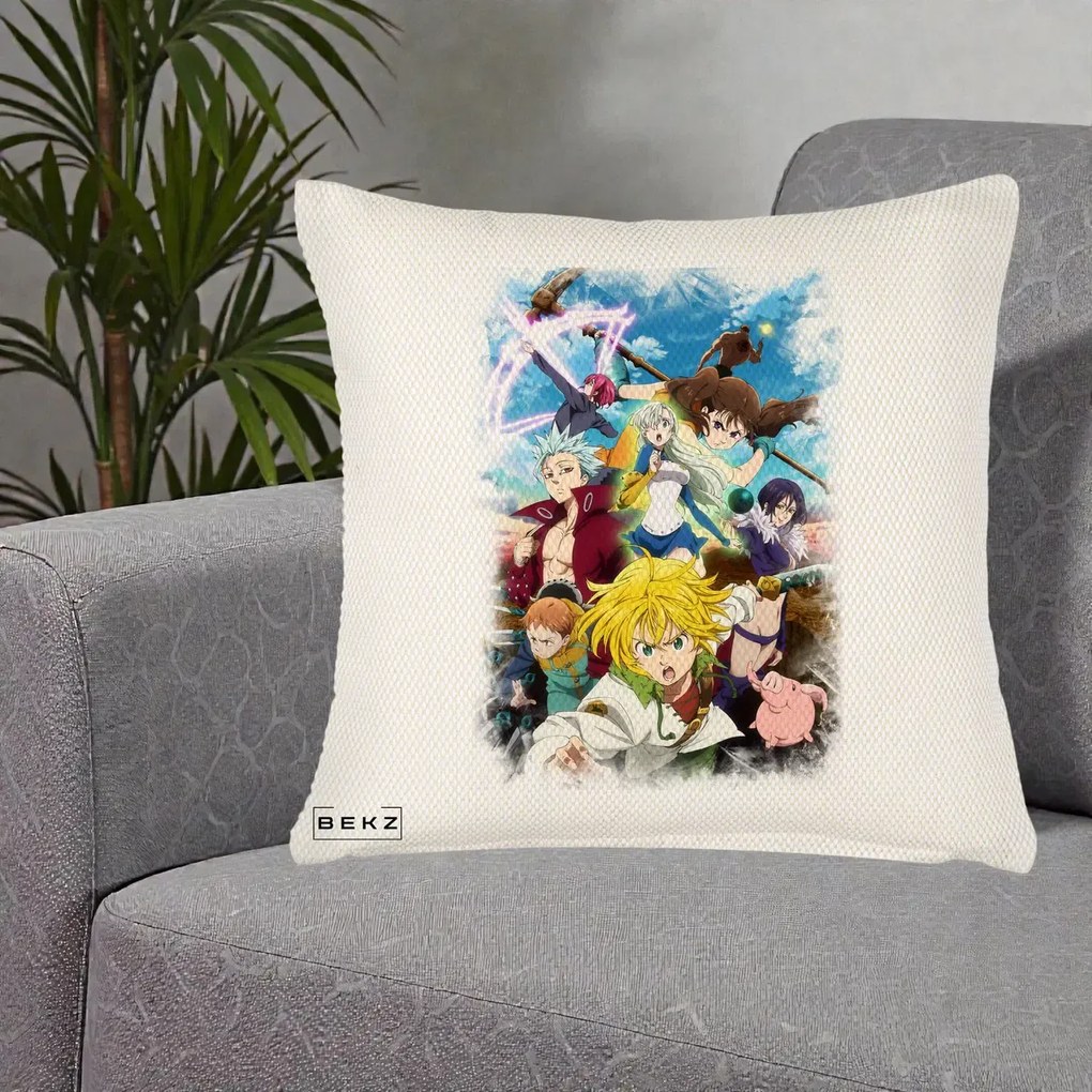 Perna Personalizata Nanatsu no Taizai Cele Sapte Pacate Mortale Anime, 40x40 cm, Crem Reliefat, Husa Detasabila, Perna Inclusa, BEKZ®