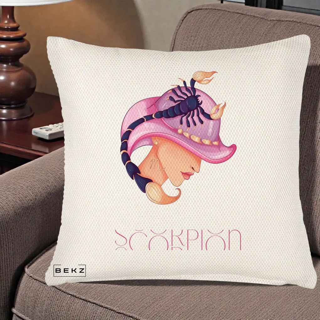 Perna Personalizata Zodiac Scorpion Cowgirl, 40x40 cm, Crem Reliefat, Husa Detasabila, Perna Inclusa, BEKZ®