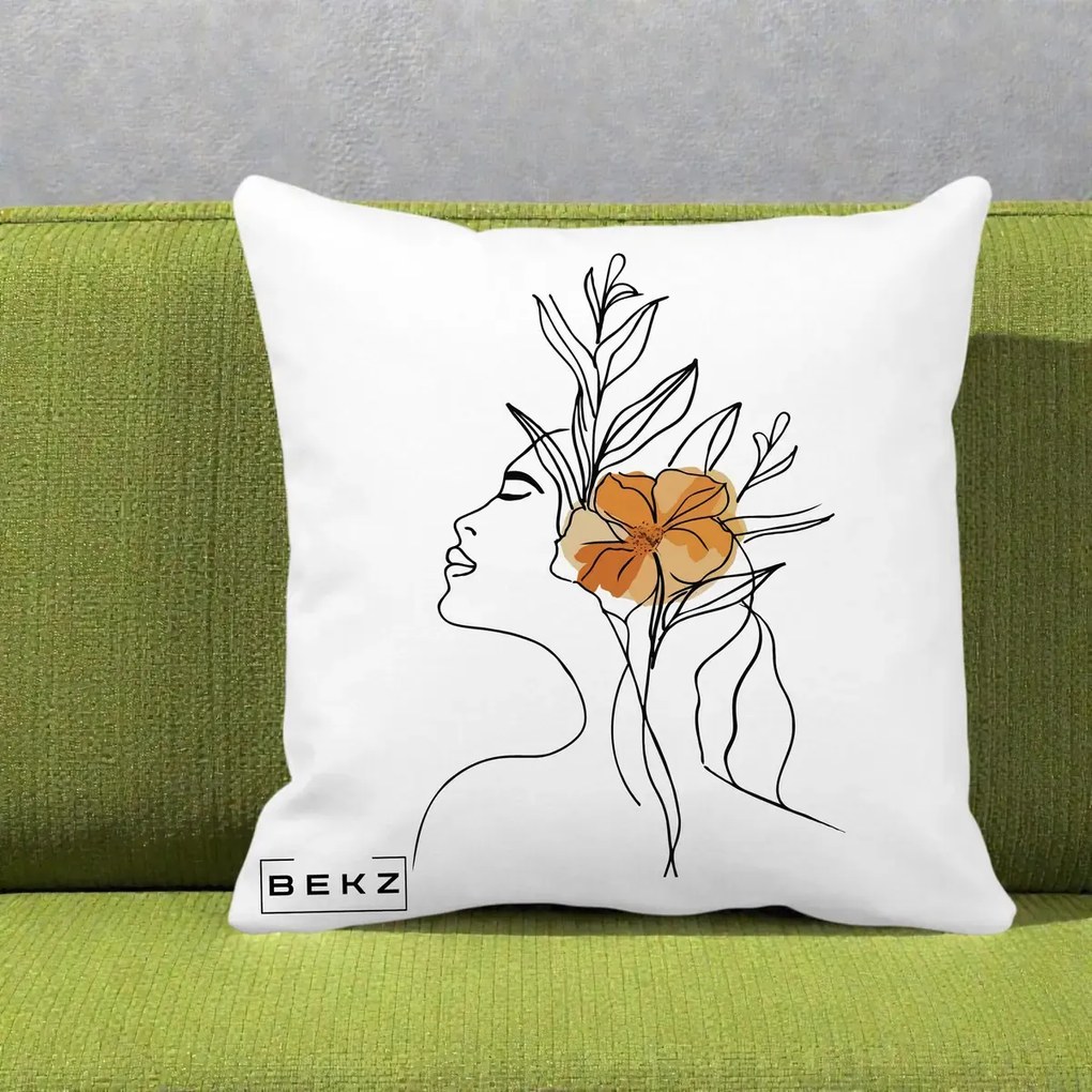 Perna Decorativa Portret Feminin Floare Portocalie Lateral, 40x40 cm, Alba Mata, Husa Detasabila, Perna Inclusa, BEKZ®